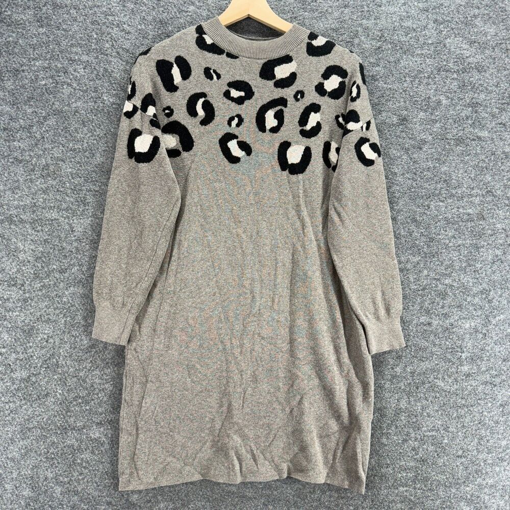 Loft Dress Women PM Petite Gray Animal Print Shift Short Crew Neck Long Sleeve